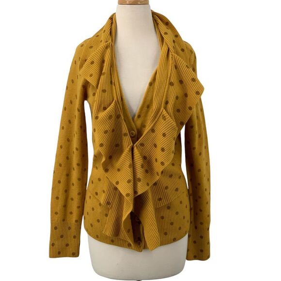 Anthropologie Moth Van Wrinkle Ruffle Neck Yellow Wool Polka Dot Cardigan Size L - Picture 2 of 12